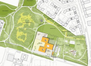 So könnte der Neubau des Wilhelm-Hausenstein-Gymnasiums (die Gebäudelage ist ein Vorschlag) im Klimapark am Salzsenderweg angelegt werden.    Visualisierung: Büro Krug Grossmann mit Burkhard/Englmayer